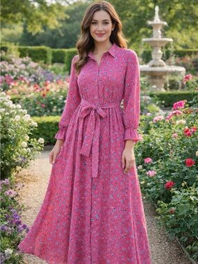 SHEIN Pink Long Sleeve Floral Flowing Dress Medium